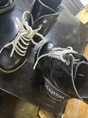 Louis Vuitton Black Patent Combat Boots with White Laces and Logo Heel